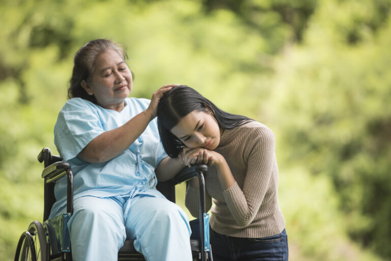 Granddaughter Talking With Her Grandmother Sitting Wheelchair Cheerful Concept Happy Family 2 768x513
