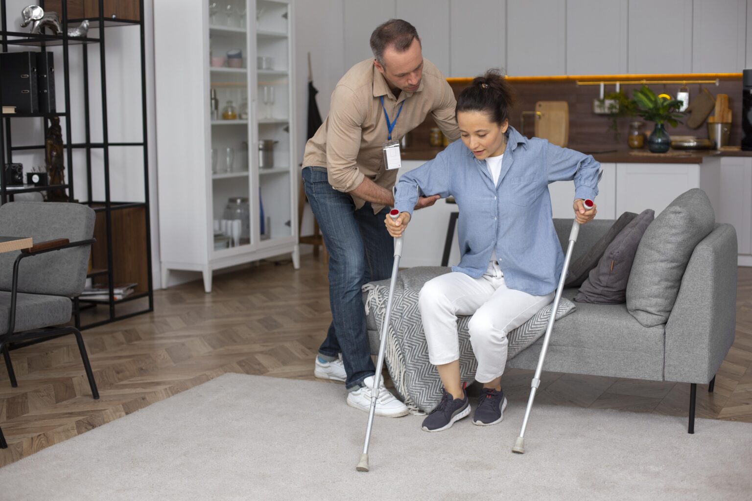 full shot woman with crutches