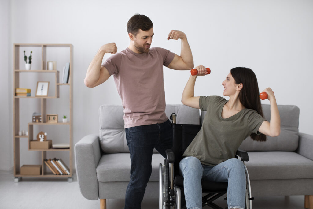 young adult helping disabled friend